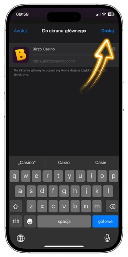Bizzo Casino aplikacja wpisywanie nazwy skrótu PWA na telefonie