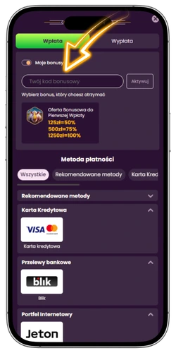 Bizzo Casino wybór karty bonusowej w oknie wpłaty