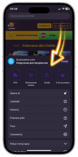 Bizzo Casino aplikacja menu udostępniania w przeglądarce mobilnej